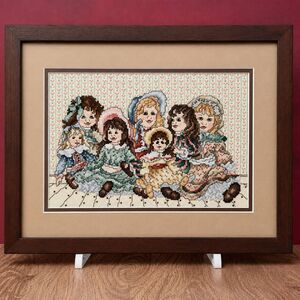 Framed Antique Doll Counted Cross Stitch Rustic Wood Frame 16x12 Handmade